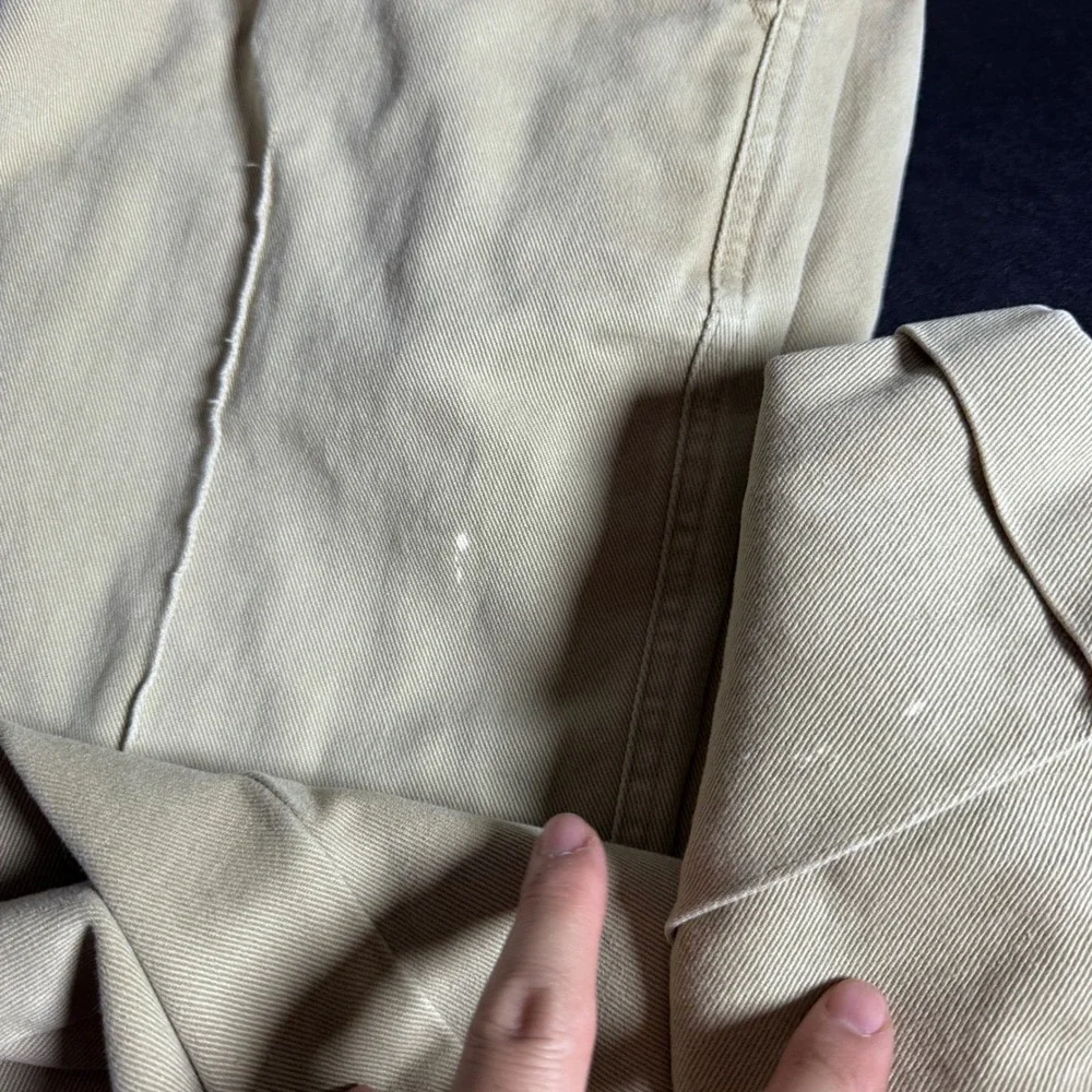 Orvis Trousers Mens 34 Khaki Tan Solid Leather Trim Cotton‎ Twill Cuffed Vintage